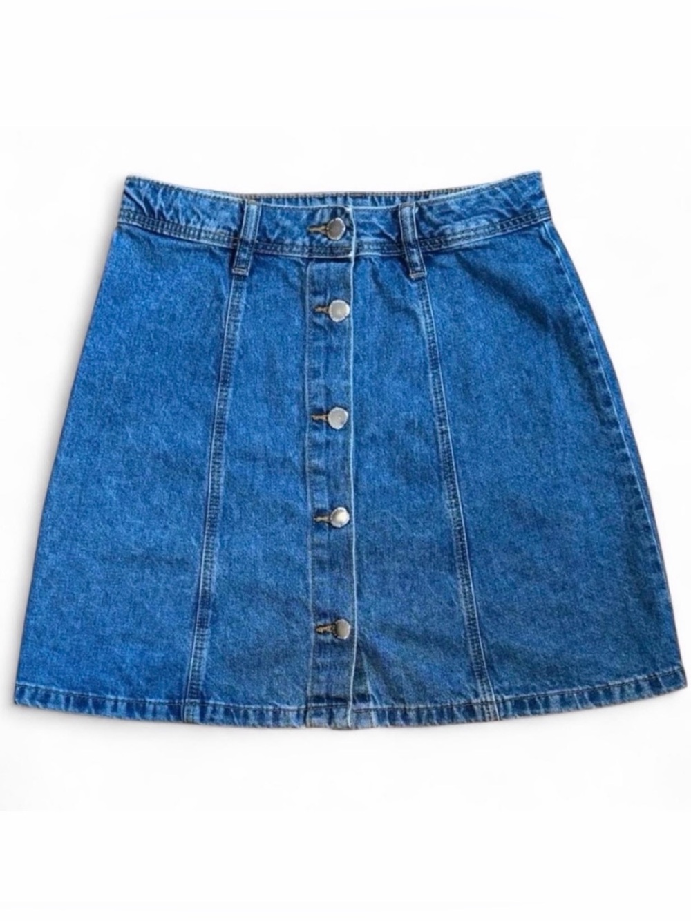 Divided H&M, High Waist A-Line Button Up Blue Denim Miniskirt, Size 2